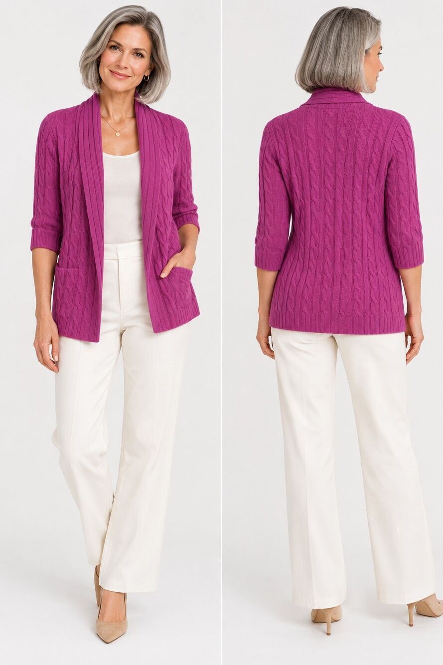 White + Warren Cashmere Cardigan M Magenta Open Front Spring